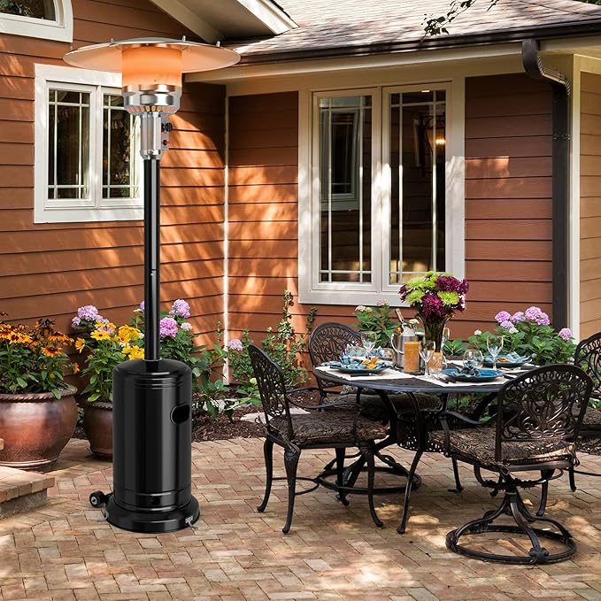COSTWAY Outdoor Patio Heater, 50000 BTU Propane Heater with Stainless Steel Burner and Wheels, Triple Protection System, Standing Portable Outside Heater for Porch, Deck, Home and Commercial, Black
