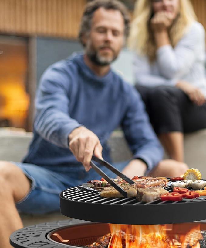 35 Inch Fire Pit with BBQ Grill, Wood Burning Fire Pits for Outside with Lid & Fire Poker, 3 in 1 Round Metal Fire Pit Table with Cooking Grate, Outdoor Firepit for Backyard, Patio, Bonfire, Picnic