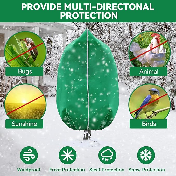2 Packs Plant Covers Freeze Protection 70" x 82" 2.82oz/yd² Heavy Duty Winter Cold Weather Frost Cloth Blankets, Garden Warm Jacket Bags with Zipper & Drawstring for Outdoor Plants Fruit Tree Potted