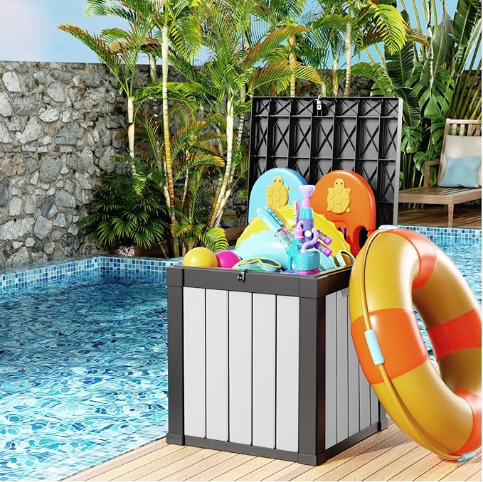 40 Gallon Resin Deck Box, Lockable Patio Outdoor Storage Box for Furniture, Garden Tools and Tools Storage, Waterproof Outside Storage Boxes - Black&White