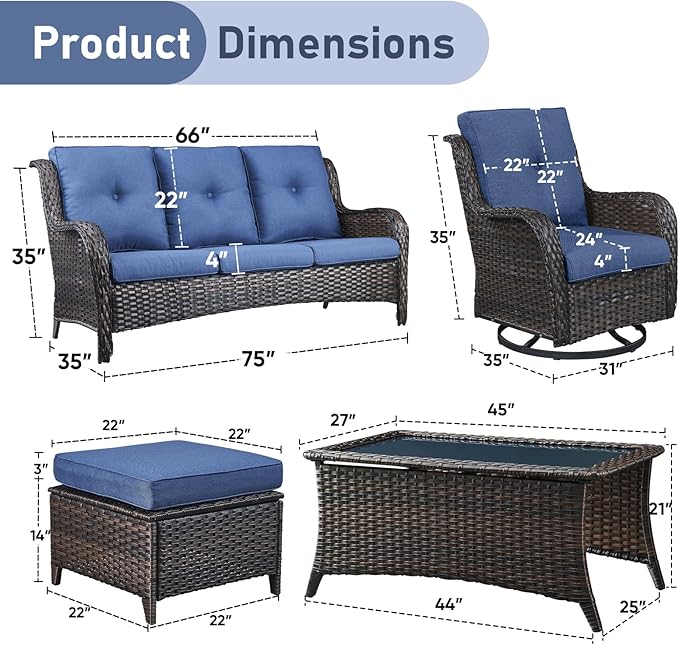 Wicker Outdoor Conversation Set-6 Pieces Outdoor Wicker High Back Couch with Swivel Rocker Chairs Patio Furniture for Deck Poolside Backyard-Brown/Blue
