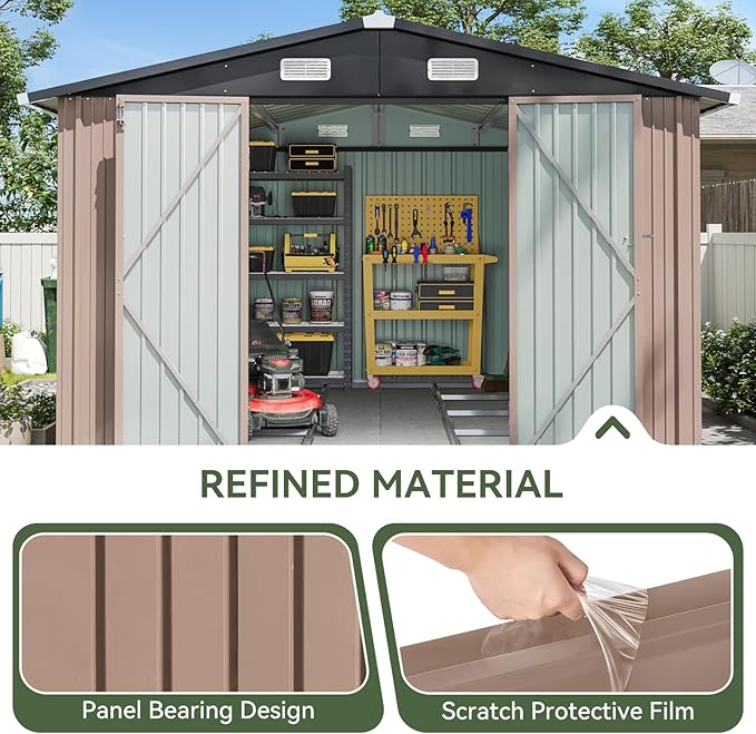 Aoxun 10 x 12FT Outdoor Storage Shed with Base Utility Garden Shed with Lockable Door & Sloped Roof Metal Sheds Outdoor Storage for Garden, Backyard, Patio and Backyard,(Brown/Base Included)
