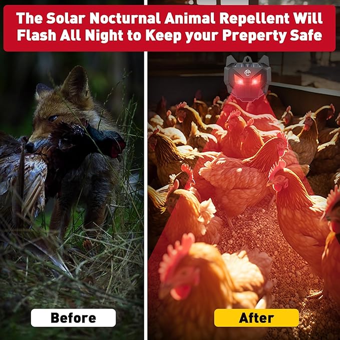 Solar Nocturnal Animal Repeller with Red LED Flashing Lights – Effective Coyote, Raccoon, Skunk, Deer & Hawk Deterrent – Waterproof Predator Lights for Yards, Gardens & Chicken Coops