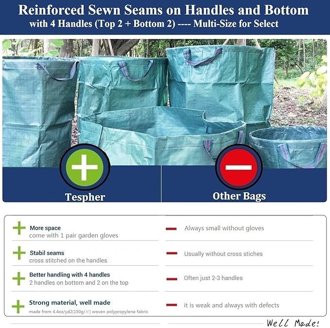 Professional 2-Pack 80 Gallon Large Yard Garden Bags (D26, H33 inch) W/Gardening Gloves for Yard Waste,Leaf Bags,Lawn Debris Bag,Garden Trash Container,Recycle Bin,Grass Clippings,Weeds Bag 4 Handles