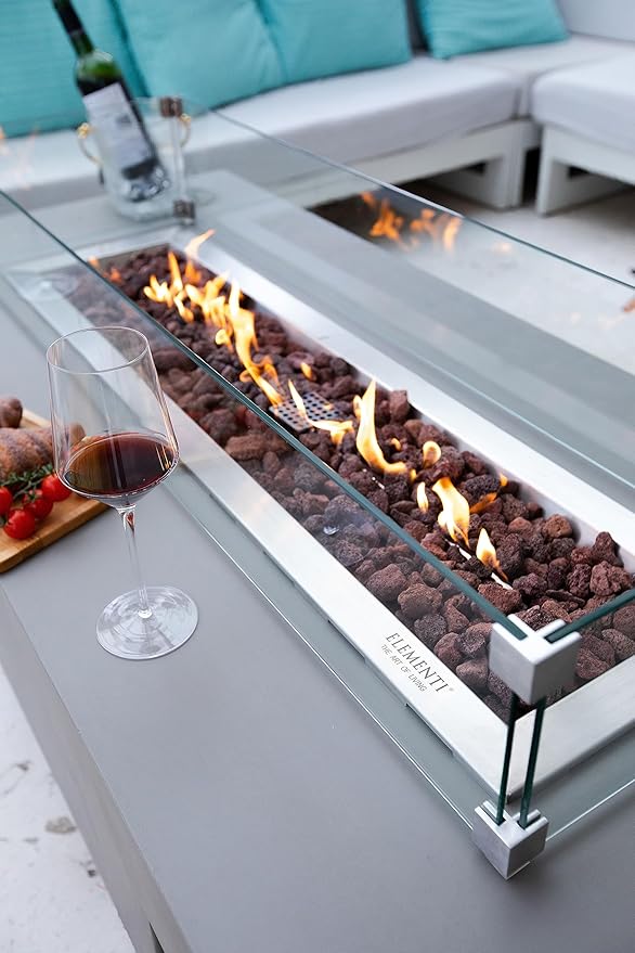 Elementi | Bundle Granville Gas Fire Pit Cast Concrete 60" Rectangular Fire Table, Outdoor Fire Pit Electronic Ignition | Canvas Cover, Lava Rock Included | Light Gray (Propane Gas)