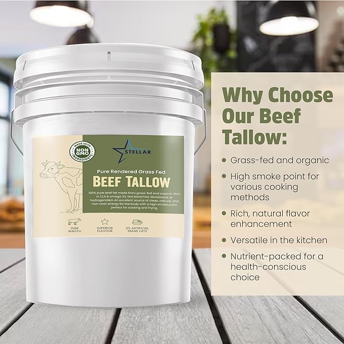 Stellar - Beef Tallow - 100% Grass-Fed & Finished - Good for Cooking, Baking and Frying - Food Grade - 2 LBS
