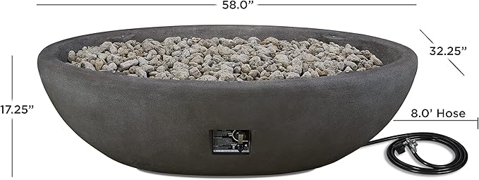 Real Flame Riverside 58" Oval Propane Fire Pit Bowl, Push-Button Ignition, Includes 28" Stainless Steel Burner, Lightweight 50,000 BTUs of Heat - Adjustable Flame Height