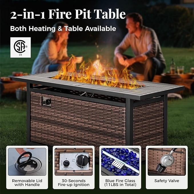 Swivel Glide Patio Furniture Set, 6 Pcs Wicker Outdoor Conversation Set, 2 x Swivel Chairs, 1 x 3 Seater Sofa and 2 x Ottoman with 4" Thick Cushion and 56" Fire Pit Table, Blue