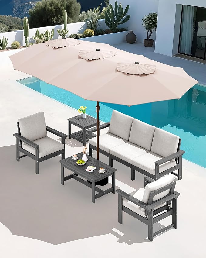 SERWALL HDPE Patio Furniture Set with 15FT Double Side Patio Umbrella, 7-Piece Outdoor Modular Sectional Sofa Set, All Weather Patio Couch Set for Deck, Lawn, Gray & Beige(Umbreall Base not Included)