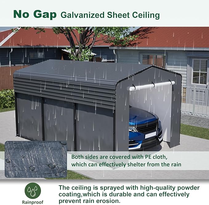 Metal Carport 15.1 x 10.3 x 8.4 FT with Galvanized Steel Frame & Waterproof UV-Resistant Tarpaulin – Sturdy Outdoor Shelter for Cars, Trucks, Boats, or Equipment, All-Weather Protection
