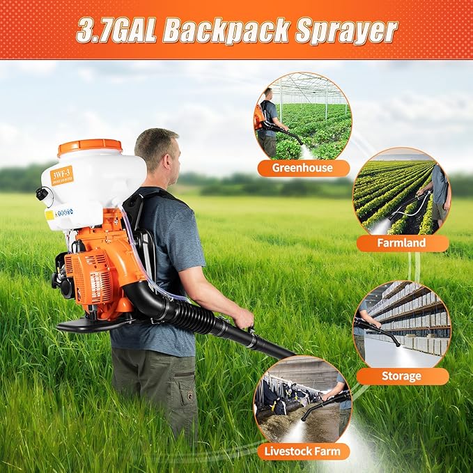 Backpack Fogger Sprayer, 3.7 Gal Gas Backpack Sprayer, 41.5CC 2 Stroke Powder and Liquid Mist Duster, Agricultural Gas Sprayer Mosquito Blower Insecticide for Orchards, Gardens