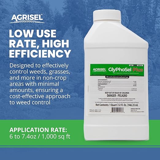 GlyPhoSel Plus Weed Killer, Post Emergent, Long-Lasting Action, Eliminates Tough Weeds from Leaf to Root, for Non-Crop Areas, Includes 3-Pack of Agrisel Protective Gloves, 32 Ounces