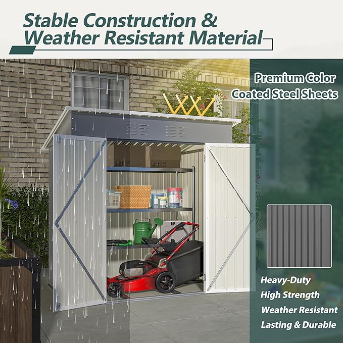 10X8 FT Outdoor Storage Shed, All Weather Metal Sheds with Lockable Doors, Tool Shed for Garden, Patio, Backyard, Lawn (Grey with Floor Frame, 6x4 ft)