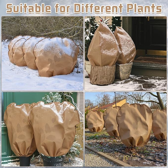 12 Pcs Winter Plant Covers Freeze Protection 39.4 x 39.4 Inch Horizontal Shrub Tree Rose Plant Protection Bags Frost Blanket with Drawstring for Fall Winter Outdoor Garden Planting, Brown