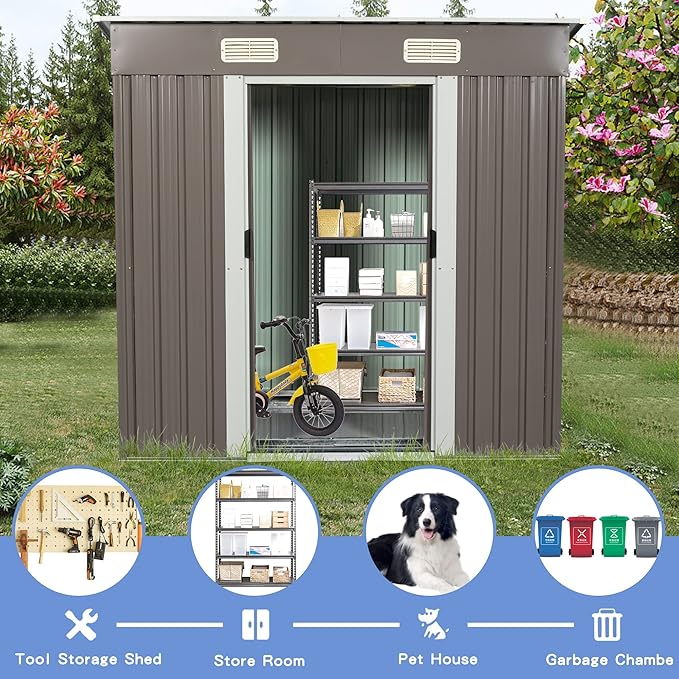 6X4 FT Outdoor Storage Shed, Waterproof Metal Garden Sheds with Lockable Door, Steel Tool Storage Buildings Shed & Outdoor Storage House for Garden, Backyard, Patio, Lawn, Trash Cans(Gray)