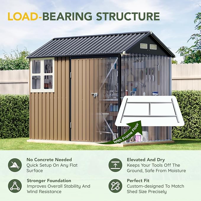 Breezz 6X8FT Outdoor Steel Storage Shed with Frame Floor,Clear Window, Lockable Doors, Weather-Resistant Metal Tool Shed for Garden, Backyard, Patio, and Utility Storage Brown
