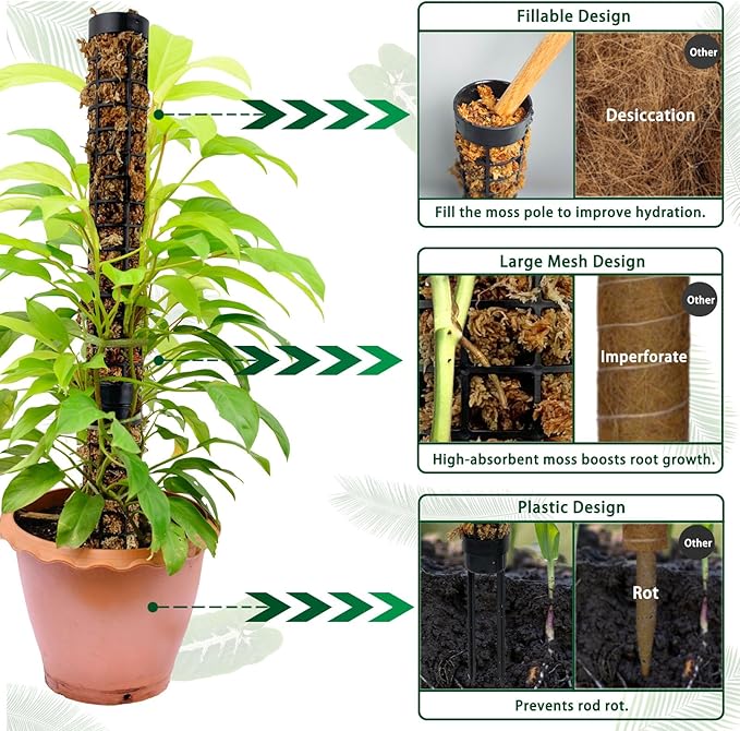 Moss Pole,Small Moss Pole Monstera Plant Support,Plastic Moss Pole for Plants Indoor and Climbing Plants-Mighty Plant Support. (Black,4)