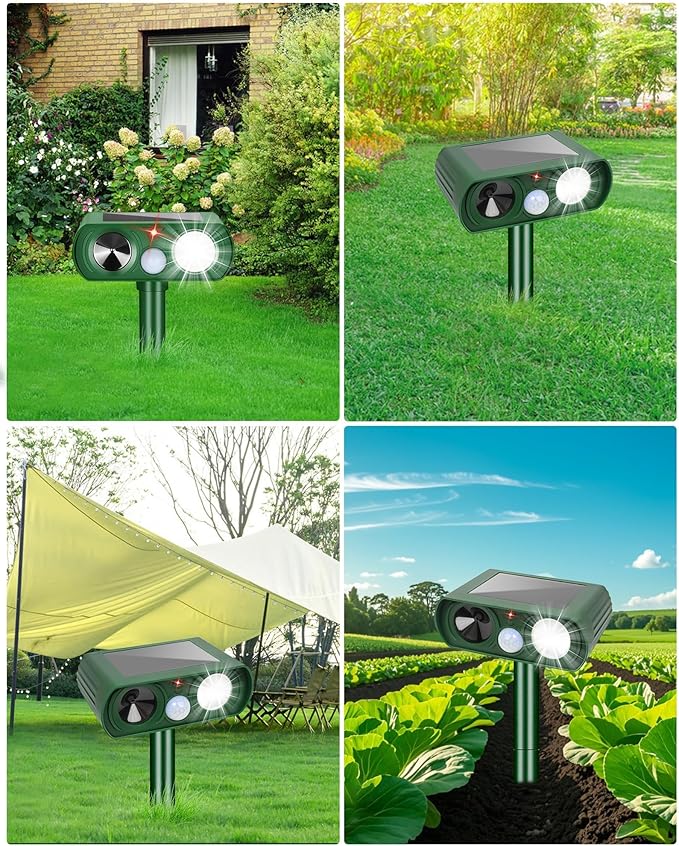 2PCS Solar Ultrasonic Animal Repellent Outdoor- Ultrasonic& Strobe Light Deer Repellent Devices for Deer/Cat/Squirrel/Raccoon/Rabbit/Bird/Owl/Dog - PIR Motion Detection, Yard Garden Protection