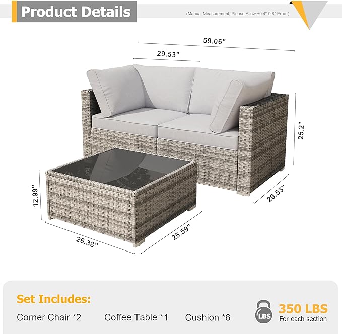 HOOOWOOO Patio Sectional Furniture Set,3 Piece Couch Set with 2 Matching Corner Chairs and 1 Table(Light Grey)