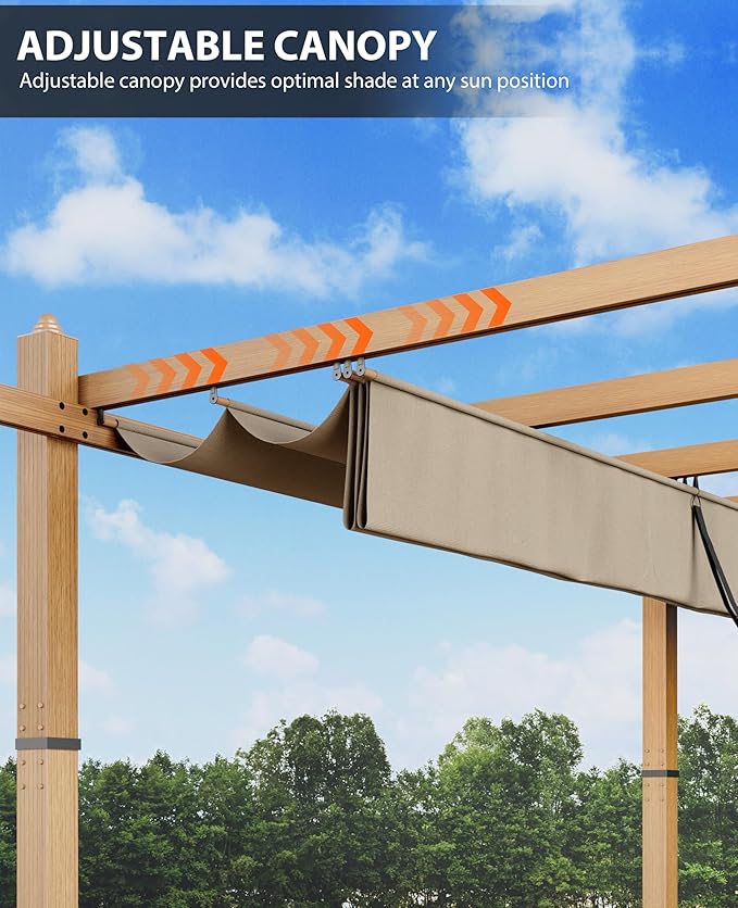 10x13 Ft Outdoor Retractable Pergola with Adjustable Roof Modern Metal Patio Gazebo, Upgraded Faux Wood Grain Aluminum Pergola for Deck, Backyard Gardens, Porches, Grapevines, Khaki