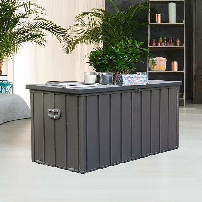 100 Gallon Outdoor Storage Deck Box Waterproof, Large Patio Storage Bin for Outside Cushions, Throw Pillows, Garden Tools, Lockable (Dark Gray Resin Lid)