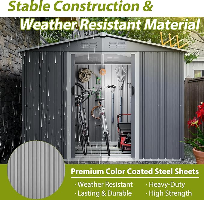 10X8 FT Outdoor Storage Shed, All Weather Metal Sheds with Lockable Doors, Tool Shed for Garden, Patio, Backyard, Lawn (Grey with Floor Frame, 8x6 ft)