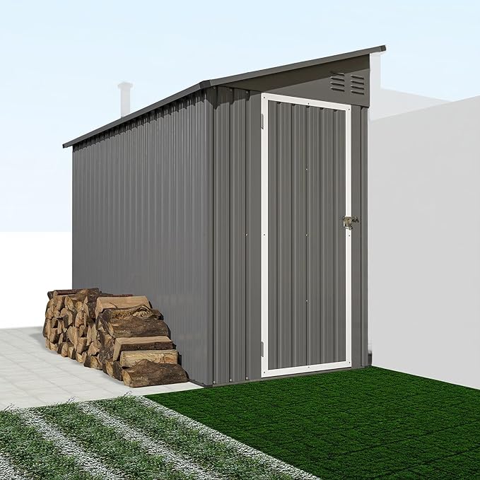 4x8 FT Metal Outdoor Storage Shed with Lockable Door and 2 Air Vents, Lean to Storage Shed, Garden Tool Storage Cabinet for Backyard Patio Lawn, Gray
