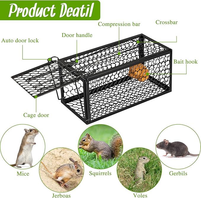 Qualirey 2 Pcs Humane Rat Trap Chipmunk Rodent Mouse Squirrel Trap Small Live Animal Mouse Voles Hamsters Live Cage Rat Mouse Cage for Mice Easy to Catch and Release (Black)