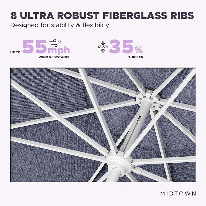 Midtown Umbrellas The Swilt 8 Feet Patio Umbrella in Terylast Purple Texture Polyester Fabric - Fiberglass Ribs, Auto-Tilt Aluminum Frame For Backyard, Deck, Garden, Pool - White Pole