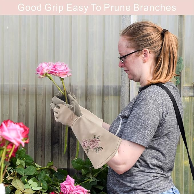 Long Gardening Gloves for Women,Durable Rose Pruning Gloves Thorn Resistant for Weeding Planting Digging(Small,1 Pair)