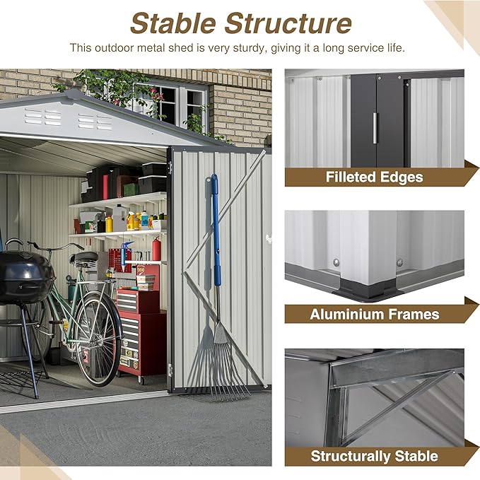 10X8 FT Outdoor Storage Shed, All Weather Metal Sheds with Lockable Doors, Tool Shed for Garden, Patio, Backyard, Lawn (White, 8x6 ft)
