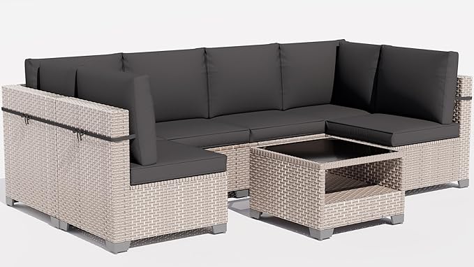 11 Pieces Patio Furniture Set, Outdoor Sectional Wicker Sofa with Thick Cushions and Storage Coffee Table, Rattan Patio Conversation Sets for Deck Garden Poolside, Black