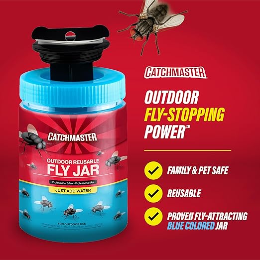 Catchmaster Outdoor Reusable Fly Traps Outdoor with Bait Included – 6 Non-Toxic, Pet Safe Hanging Fly Jars – Bug Catchers for Yard, Patio & Trash – Sets Up in Seconds