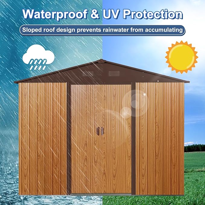 10x8 FT Outdoor Storage Shed, Garden Tool House with Metal Floor Base, Double Sliding Doors, Air Vents, Storage Clearance for Backyard, Patio, Garage, Lawn, Coffee