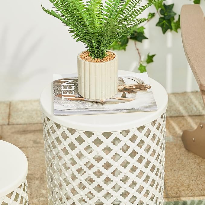 Glitzhome Outdoor Side Table Set of 2, Decorative Garden Stool for Indoor Outdoor Heavy Duty Metal Frame Accent Table Modern End Table, Glossy White
