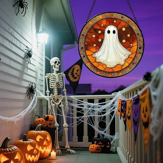 Stained Glass Window Hanging - Halloween Decorations White Ghost Suncatcher for Doors Garden Indoor Spooky Funny Orange Sun Catchers Gothic Decor Horror Gifts for Women Men Friend 6.3 in