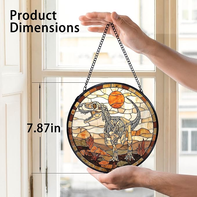 TNUW Dinosaur Skeleton Stained Glass Window Hanging, Prehistoric Dino Fossil Sunset Landscape SunCatchers Indoor Window Glass Round Wall Art Decor, Dinosaur Wall Hanging Decorations, 7.9"x7.9"