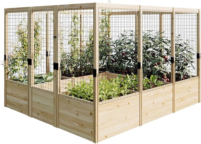 PaPaJet Wooden Raised Garden Bed for Outdoor, 1.6FT Depth Large Planter Box with Netting for Gardening, Vegetables, Flowers, Herbs(7.5× 8.9× 5.9FT)