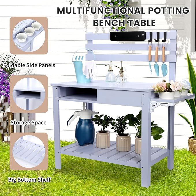 Kids Potting Bench Table Outdoor Garden Table Wooden Work Station Outdoor Garden Work Bench Platform with 3 Side Hook Shelf Natural Wood Blue Gift for Boys Girls