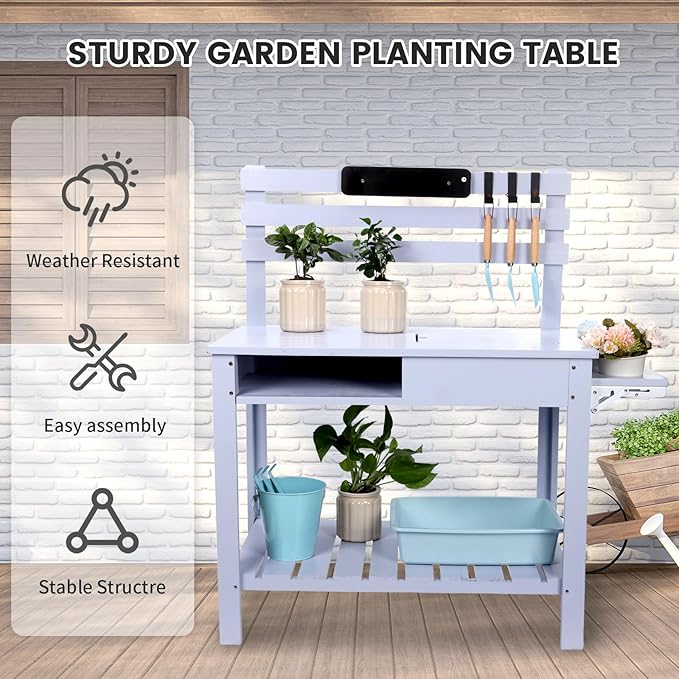 Kids Potting Bench Table Outdoor Garden Table Wooden Work Station Outdoor Garden Work Bench Platform with 3 Side Hook Shelf Natural Wood Blue Gift for Boys Girls