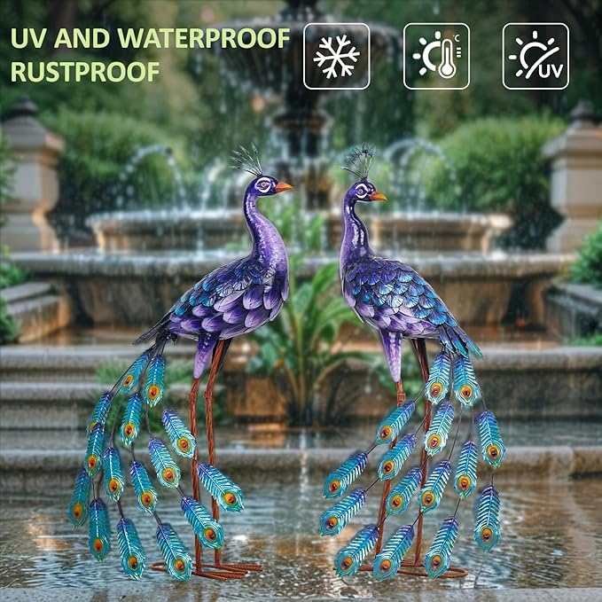 Kircust Purple Peacock Garden Statue and Sculpture, Metal Peacocks Yard Art Lawn Decor, Large Birds Garden Sculptures & Statues for Patio Backyard Pond Home Decoration