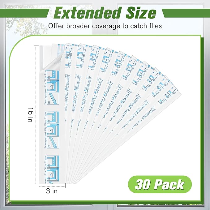 Qualirey 30 Pack XL Window Fly Traps for Indoors, Extra Large Fly Paper Sticky Strips, Waterproof & Non Toxic Clear Sticky Traps for Windows, Bug Catcher for House, Kitchen and Office (15"×3")