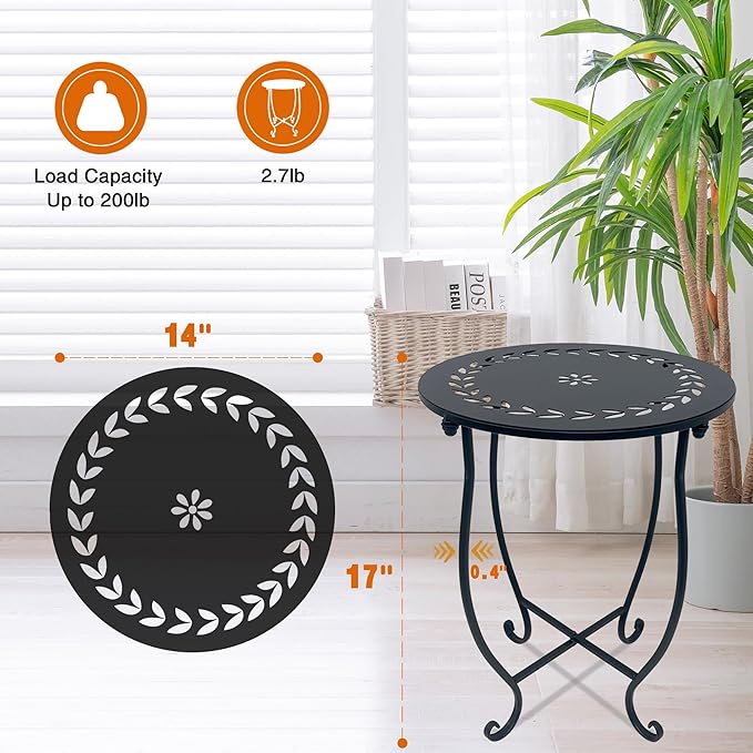 Indoor Outdoor Small Metal Round Side Table, 14 Inch Patio Coffee Bistro Table, Weather Resistant Black Metal Side Table for Patio Balcony Yard Porch Garden, Plant Stand for Indoor Outdoor Use