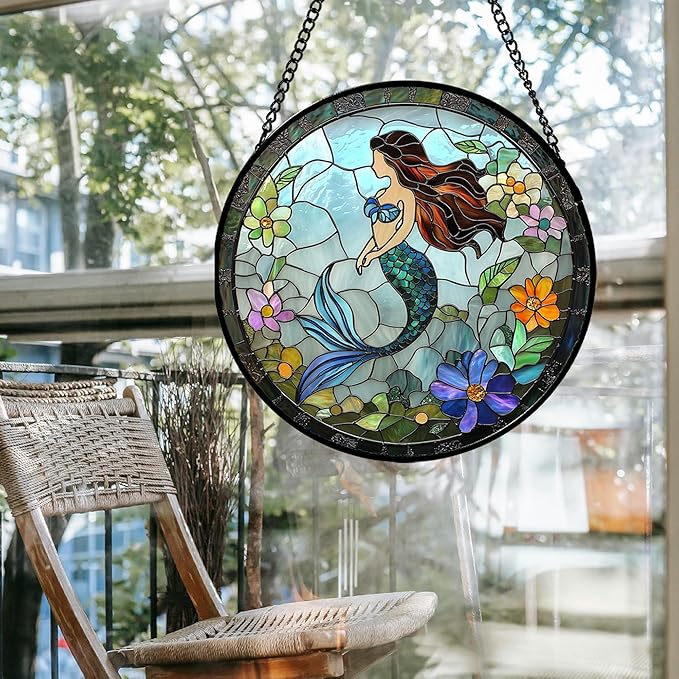 Stained Glass Window Hanging - Light Blue Mermaid Suncatcher for Door Terrace Garden Home Decor, Ocean Flowers Sun Catcher Birthday Gifts for Lovers Women Men Dad Mom Nana 6.3 in