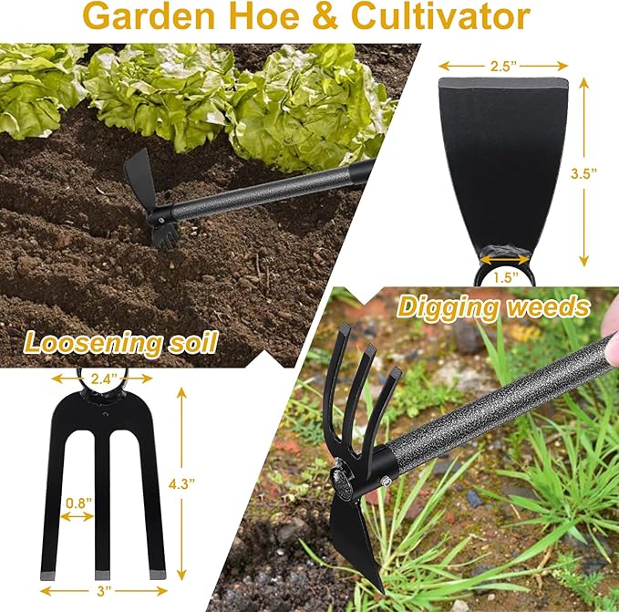 Garden Hoe, 2 in 1 Hand Hoe Garden Tools,45 Inch Long Handle,Garden Hoe and Cultivator for Weeding Cultivating Planting, Small Hand Rake Tiller for Flower Bed Gardening, Loosening Soil