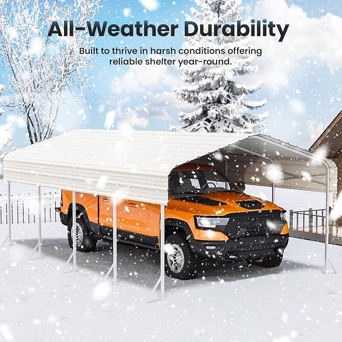Heavy Duty Metal Carport – Sturdy Structure, All-Weather Protection, Easy Assembly for Cars, Trucks, Boats, Tractors, and Outdoor Storage (White, 12X20 FT)