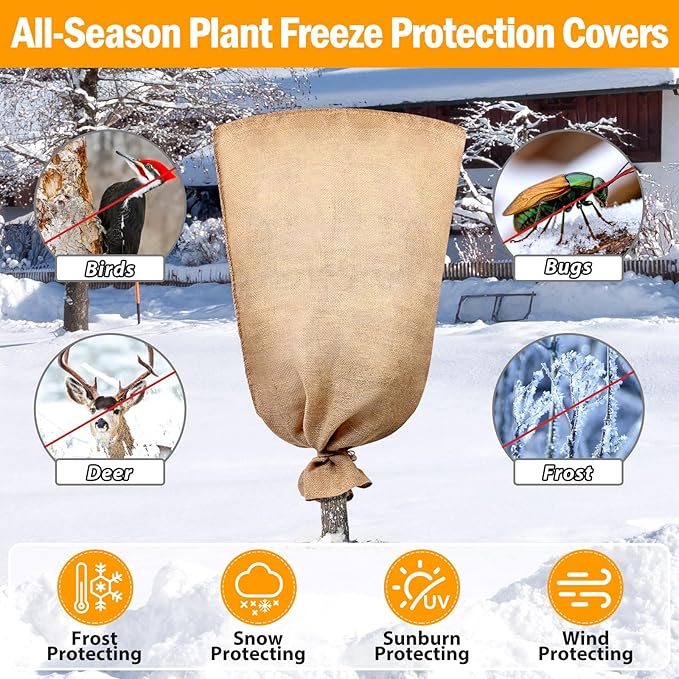 Legigo 3 Pack 32 X 40 Inch Burlap Plant Covers Freeze Protection Bags, Winter Plant Frost Covers with Drawstring, Reusable Tree Covers Burlap Frost Cloths Protection for Outdoor Plants Shrubs Fruit