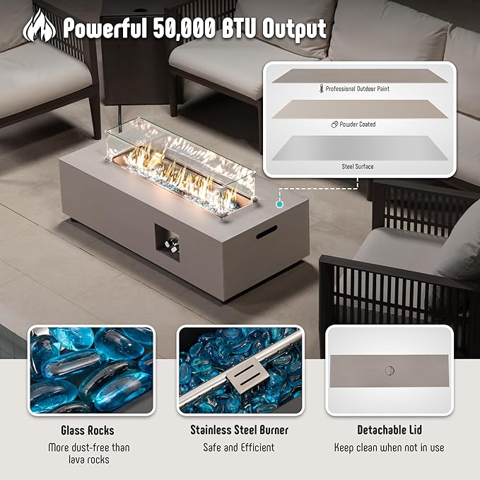42’’ Propane Fire Pit Table Set with Tank Holder, CSA Certifed 50,000 BTU Outdoor Firepit Table, Wind Guard & Glass Stones, Smoke-Free Rectangular Fire Table for Garden Porch Backyard - Extra Cover