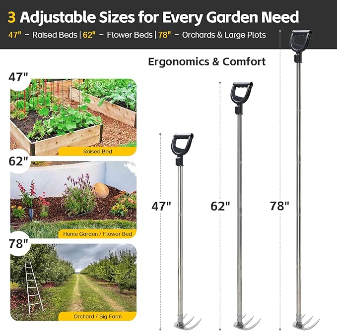 Potato Hand Rake Garden Tool - 62" Long Handle Cultivator Weeding Rakes, 3-Tine Heavy Duty Carbon Steel with D Grip for Raised Garden Beds,Flower Bed,Soil Grass Yard Gardening