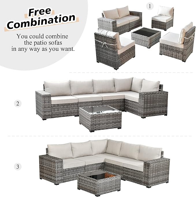 HOOOWOOO 10 Piece Modular Patio Outdoor Sectional Furniture Set with Gas Propane Fire Pit Table,Wicker Conversation Sofa Set with Swivel Chairs,Outside Couch Set(Beige)